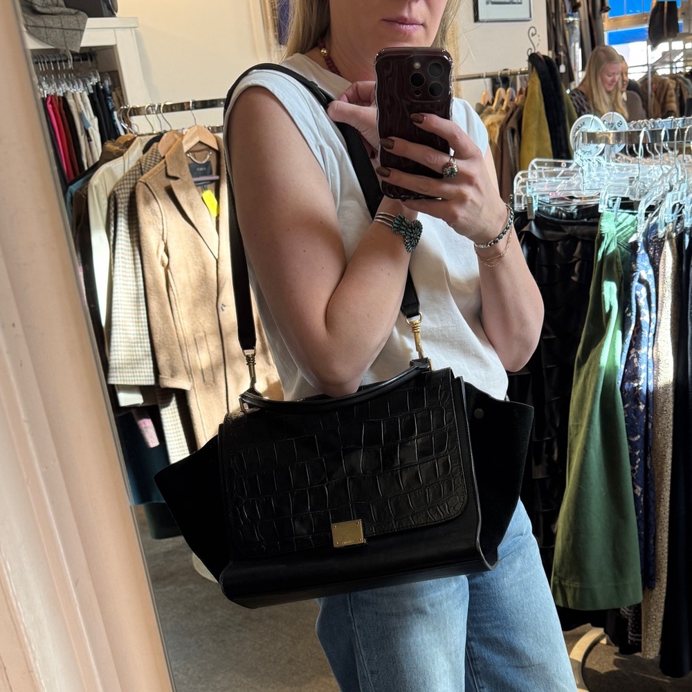 CELINE Trapeze Embossed Handbag Shoulder Bag 2Way Black Leather